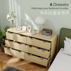 6 Drawer Double Dresser for Bedroom, Fluted Chest of Drawers with Gold Finger Pulls and 5 Wood Legs, Natural Wood