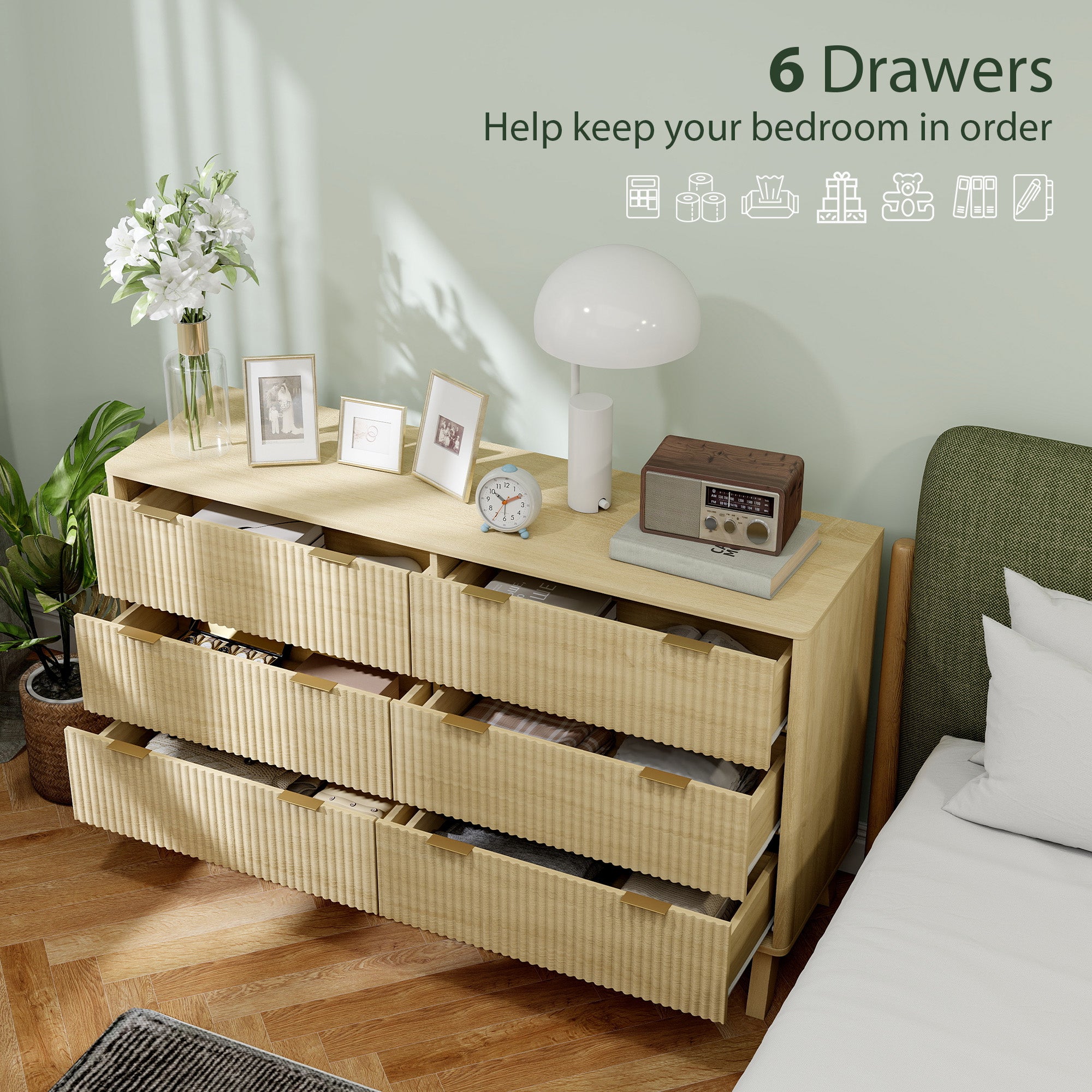 6 Drawer Double Dresser for Bedroom, Fluted Chest of Drawers with Gold Finger Pulls and 5 Wood Legs, Natural Wood