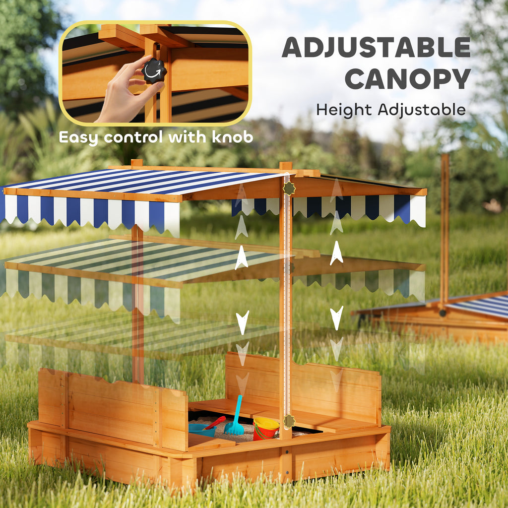 Wooden Kids Sandbox with Cover, Children Outdoor Sand Box with Foldable Bench Seats and Adjustable Canopy, Brown