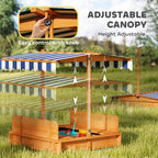 Wooden Kids Sandbox with Cover, Children Outdoor Sand Box with Foldable Bench Seats and Adjustable Canopy, Brown