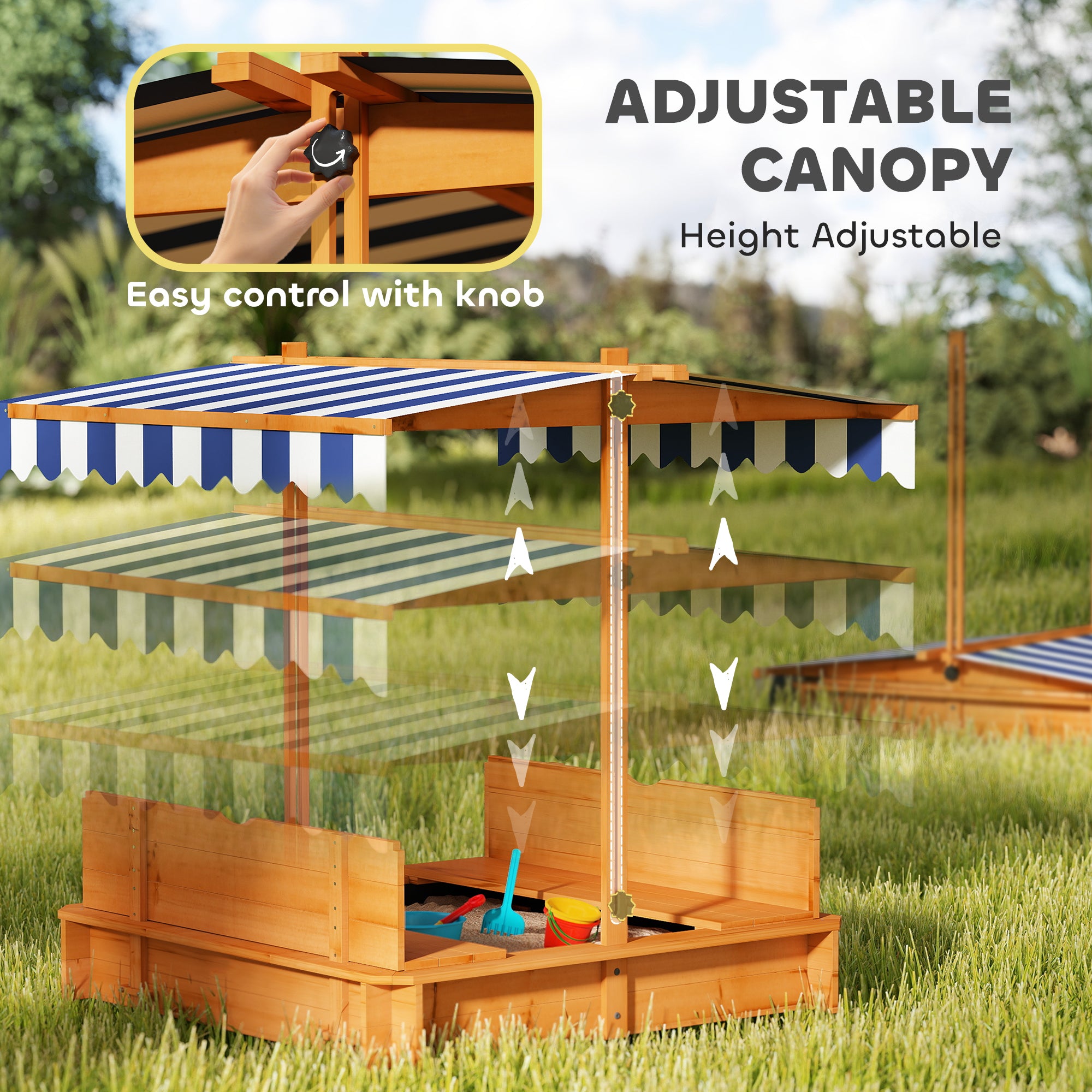 Wooden Kids Sandbox with Cover, Children Outdoor Sand Box with Foldable Bench Seats and Adjustable Canopy, Brown
