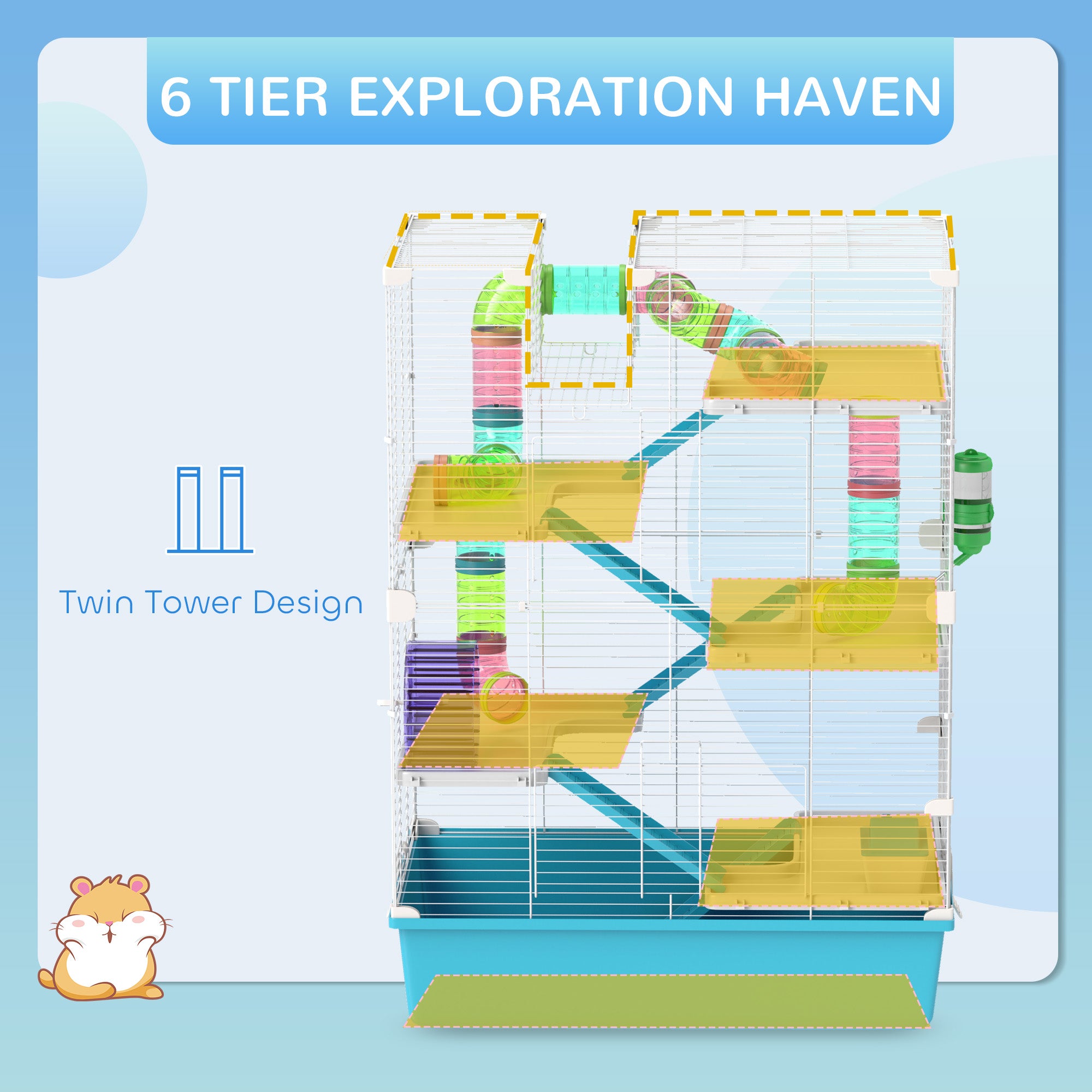 6 Tier Hamster Cage with Tubes and Tunnels, Hut, Wheel, Food Dish, Water Bottle, Ramps, for Dwarf & Gerbil, Light Blue