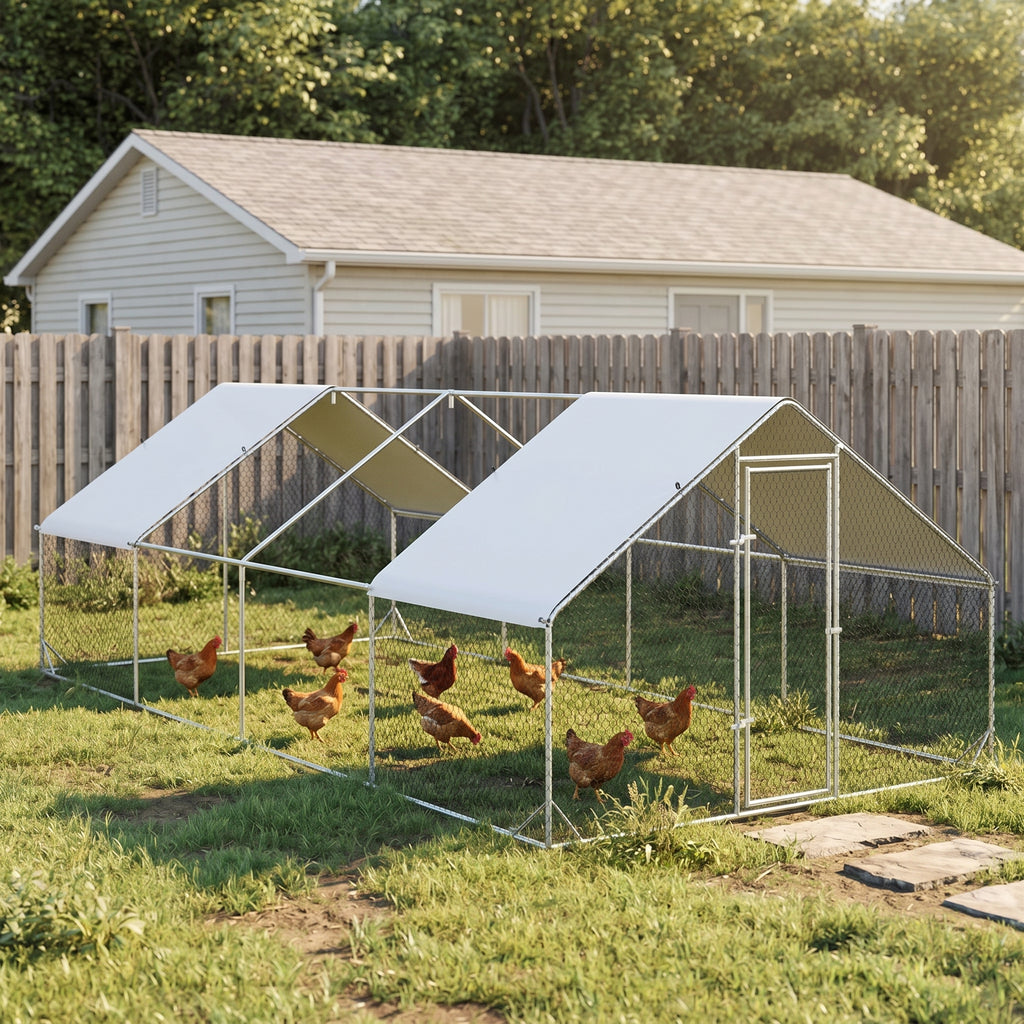 Large Chicken Coop Metal Chicken Run with Waterproof and Anti-UV Cover, Spire Shaped Walk in Fence Cage Hen House for Outdoor and Yard Farm Use, 1" Tube Diameter, 9.8' x 26.2' x 6.6'