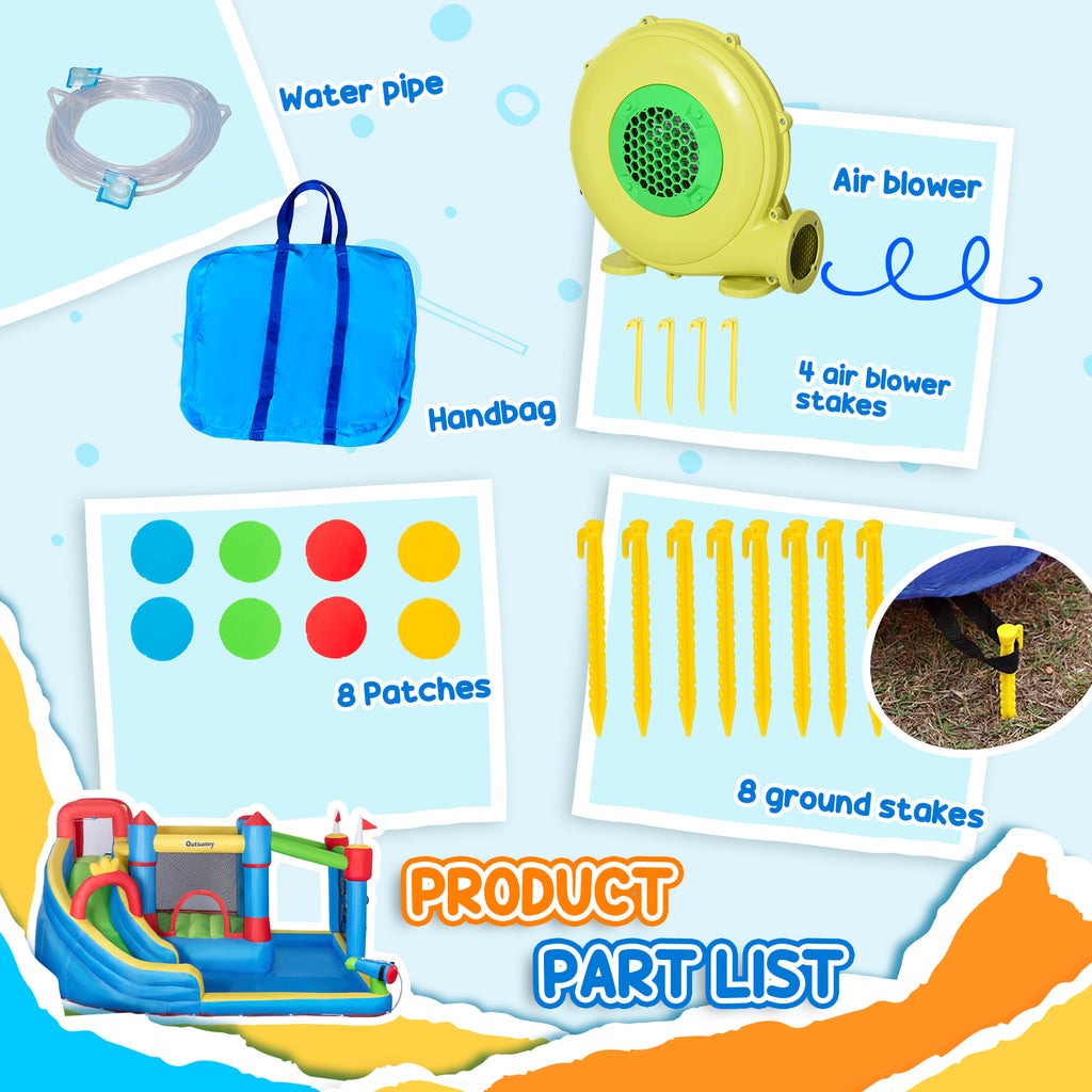 6-in-1 Inflatable Water Slide with Splash Pool, Slide, Climbing Wall, Water Cannon, Inflatable Bounce House for Kids with 2 Min. Inflation and Air Blower