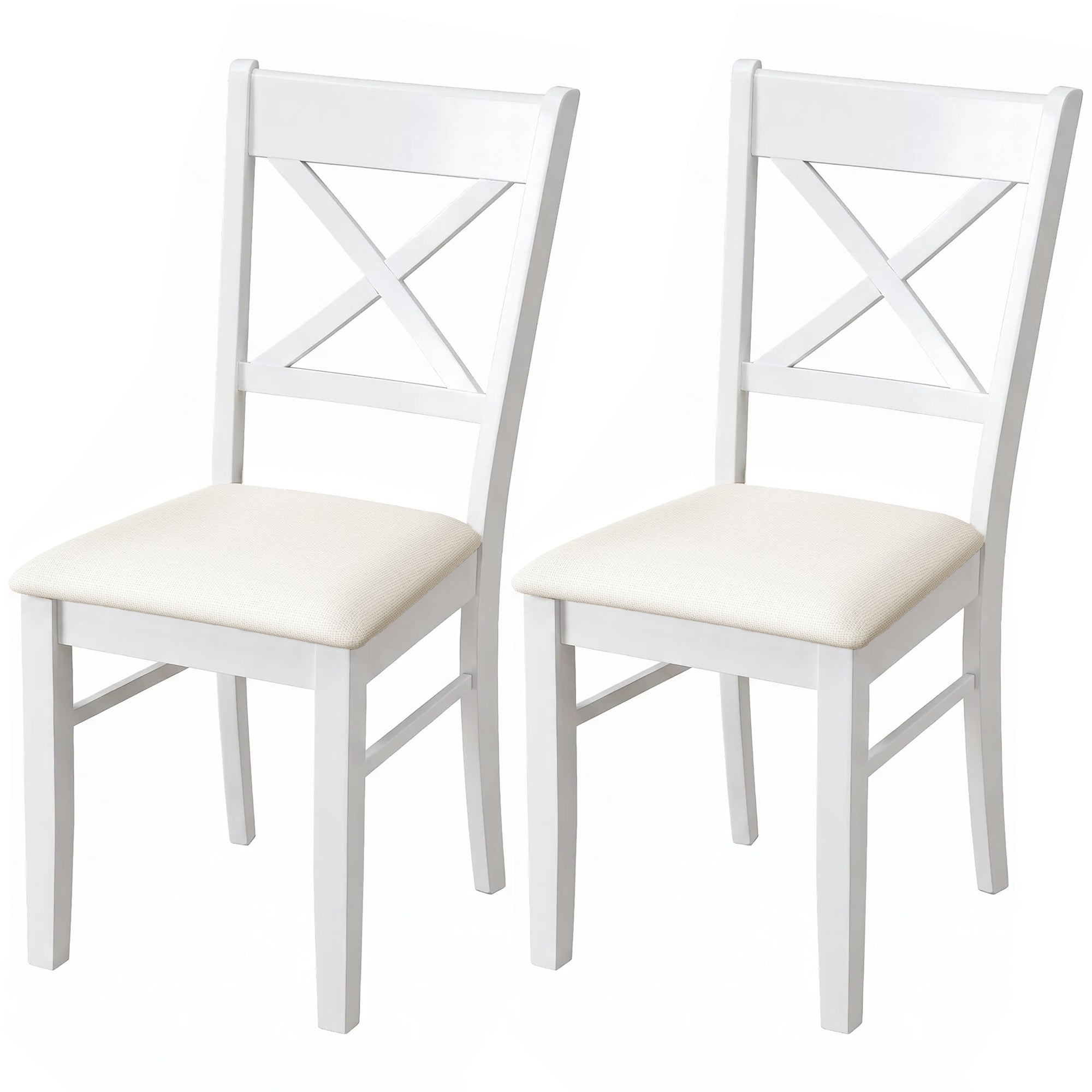 Dining Chairs Set of 2, Upholstered Kitchen Chairs with Rubberwood Frame, Padded Seat and X-Back, White