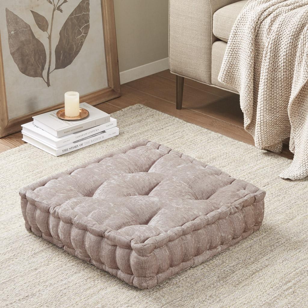 Textured Chenille Square Floor Pillow Cushion with Tufted Detailing, 100% Hypoallergenic Polyester, Scalloped Edge, 20" L x 20" W x 5" H, Blush