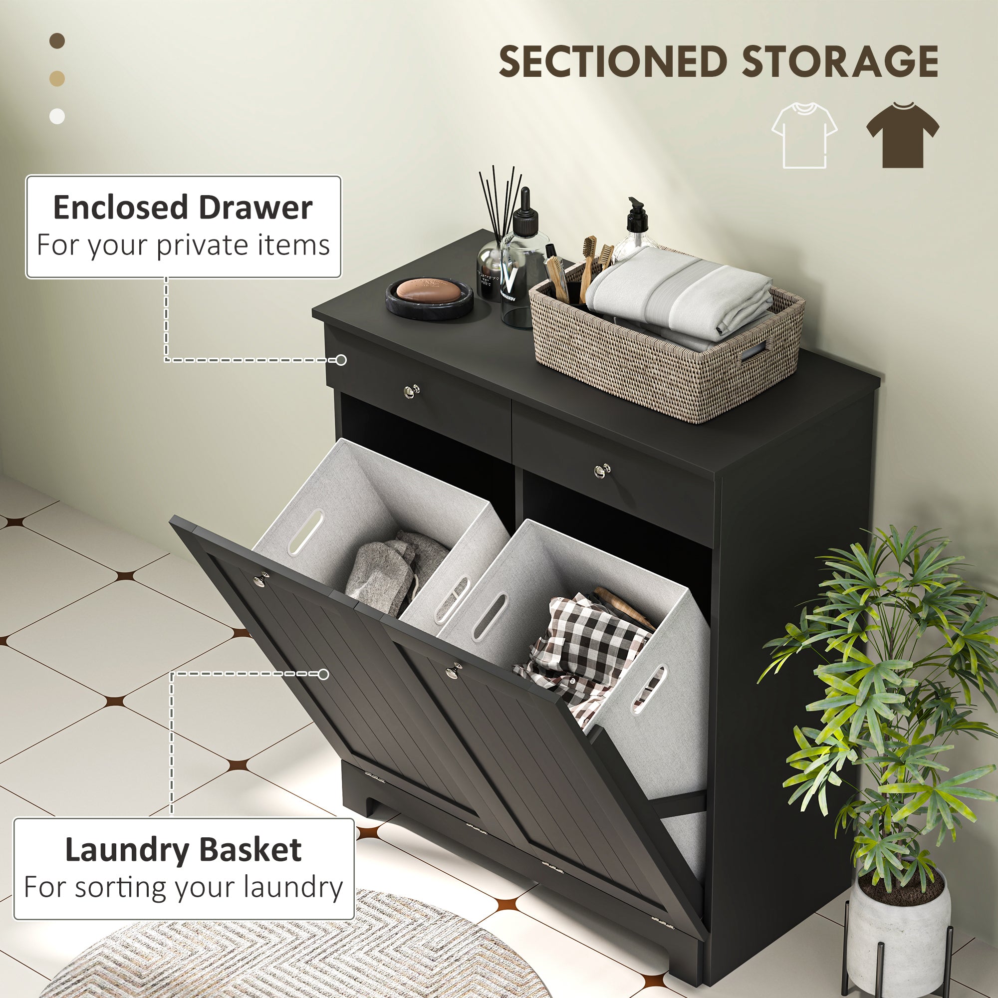 Laundry Hamper Cabinet, Laundry Cabinet with 2 Tilt Out Laundry Baskets and 2 Drawers, Black