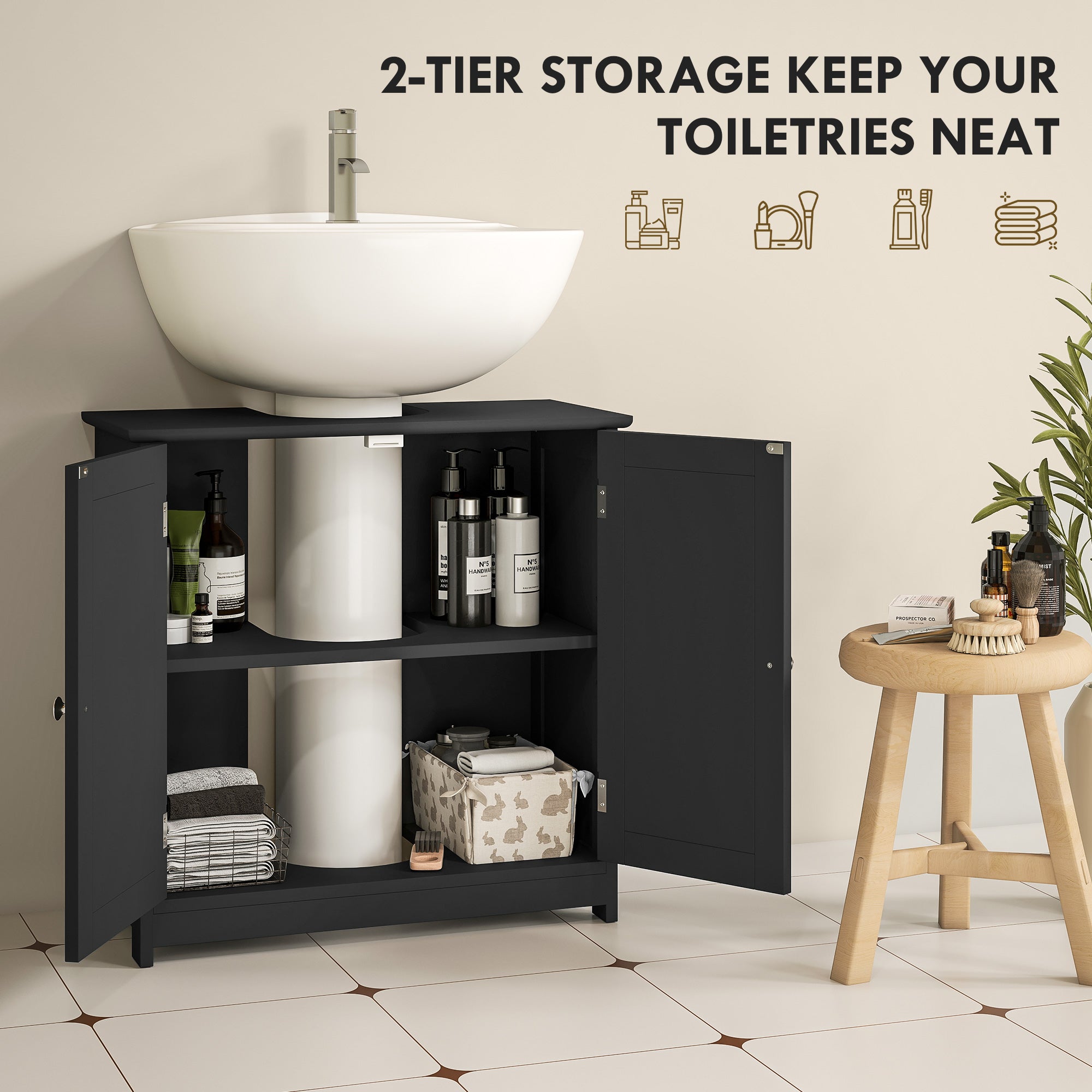 Pedestal Sink Storage Cabinet, Bathroom Sink Cabinet with U-Shape Cut-Out and Adjustable Shelf, Black