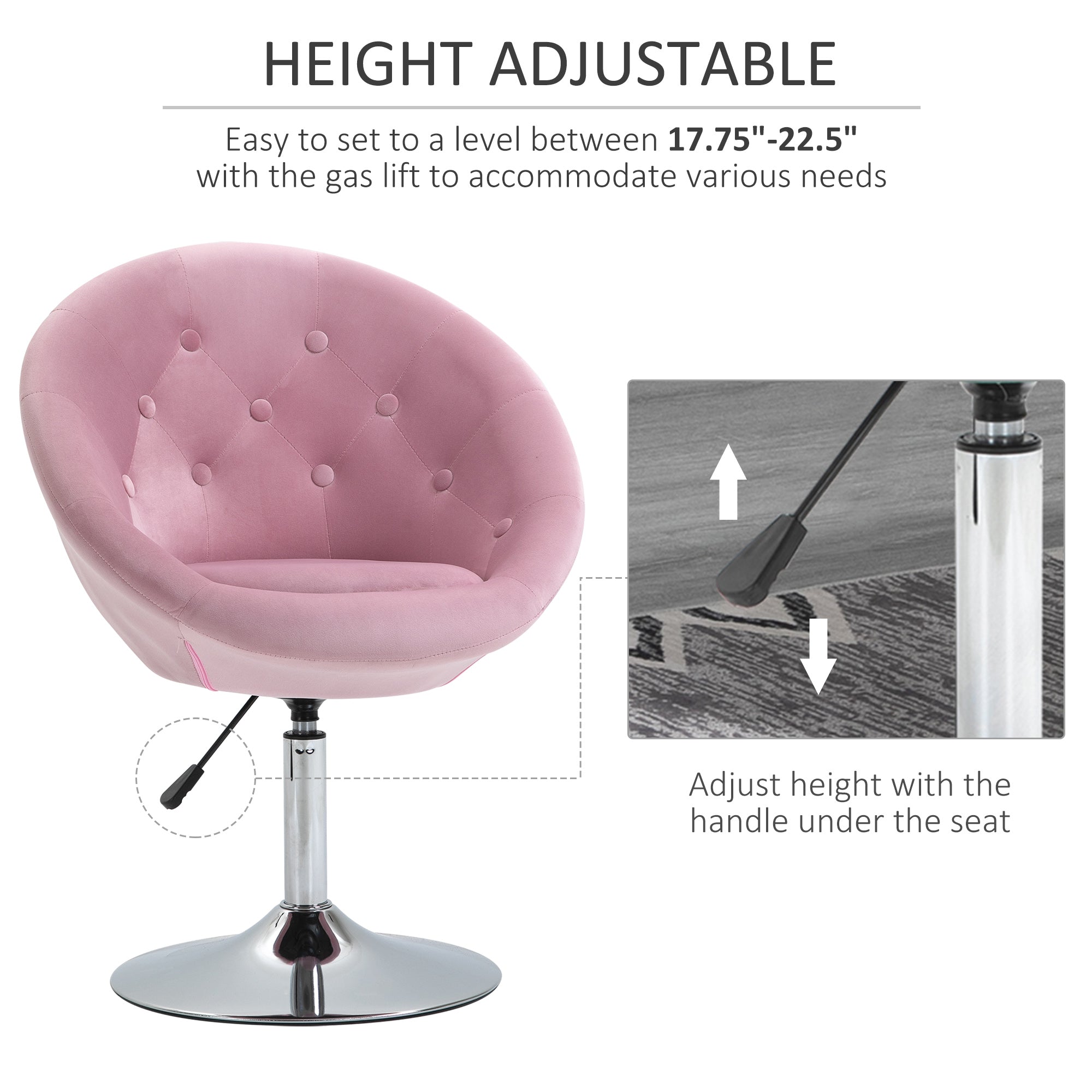Modern Makeup Vanity Chair Round Tufted Swivel Accent Chair with Chrome Frame Height Adjustable, Pink