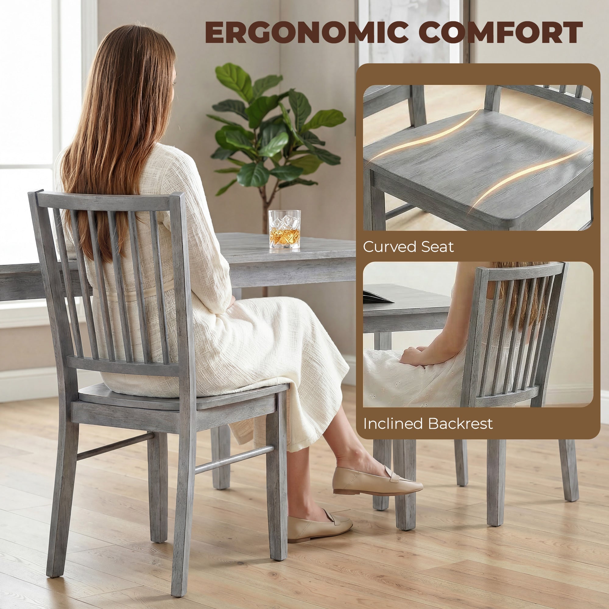 Dining Chairs Set of 2 Ergonomic Solid Wood, Armless Kitchen Chairs with Rubberwood Legs, Rustic Gray