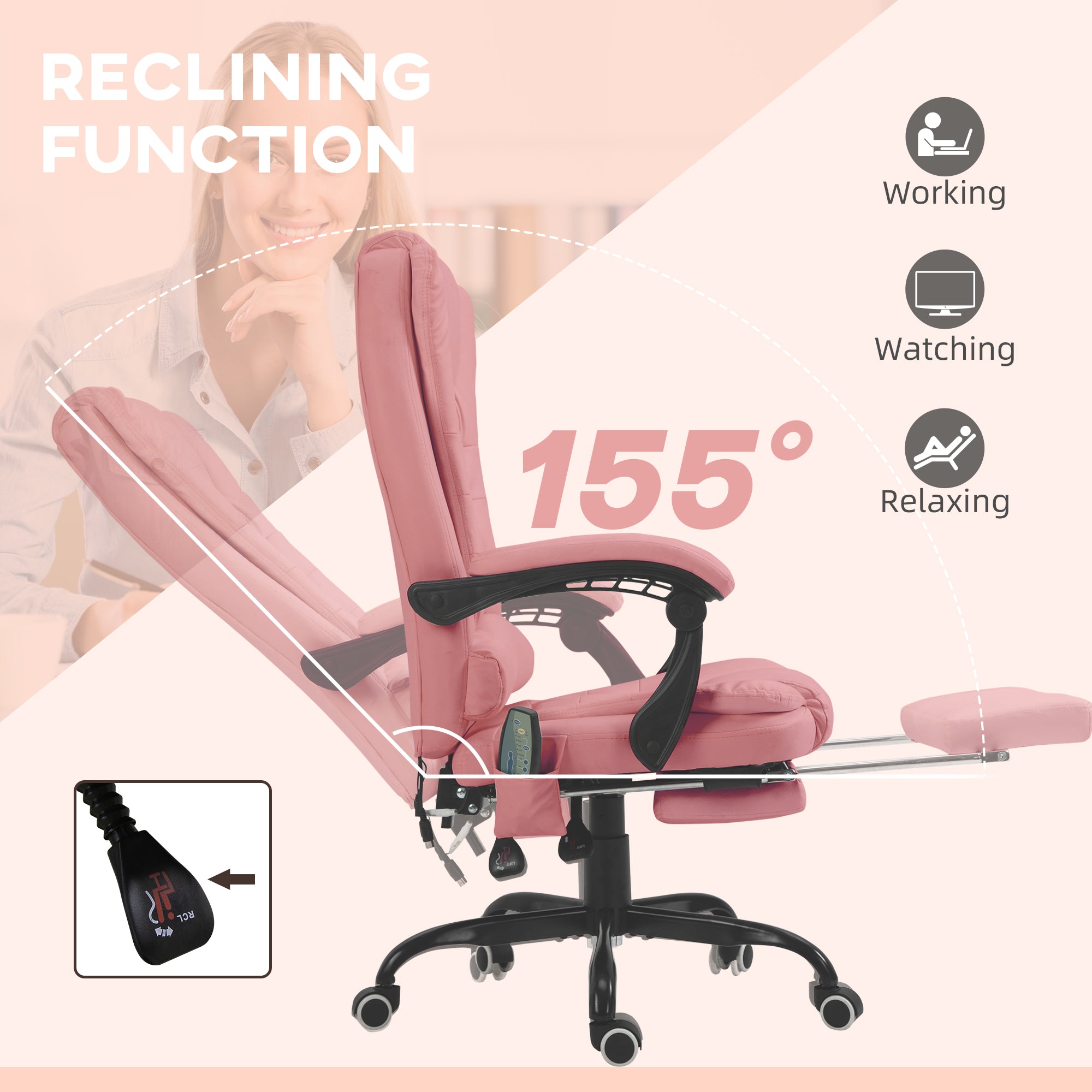 7-Point Vibrating Massage Office Chair High Back Massaging Office Desk Chair with Lumbar Support, Footrest, Pink