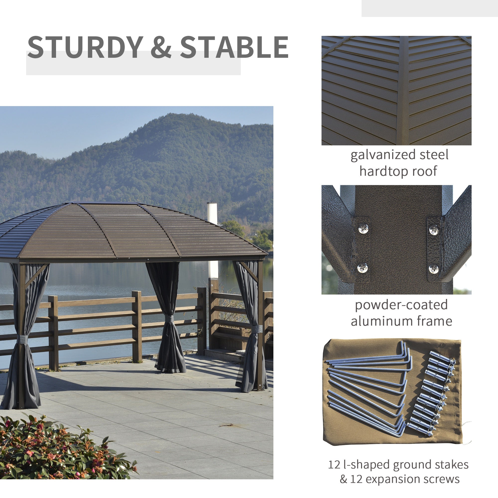10' x 13' Hardtop Gazebo with Curtains, Netting, Pavilion with Steel Roof Ceiling Hook for Garden Patio, Gray