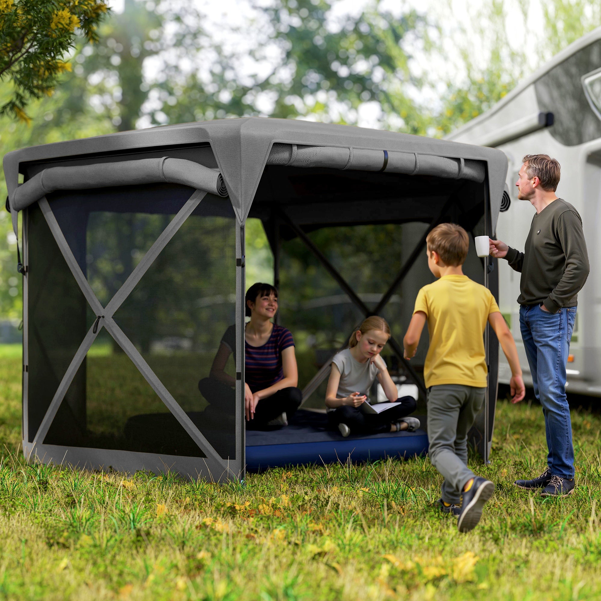 11 x 11ft Pop Up Gazebo Screen Tent with Removable Roof Cover, Roll-up Wind Panels for Camping, Backyard, Dark Gray