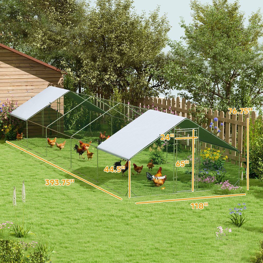 Large Chicken Coop with Waterproof and Anti-UV Cover, Spire Shaped for Outdoor and Yard Farm Use, 9.8' x 32.8' x 6.4'