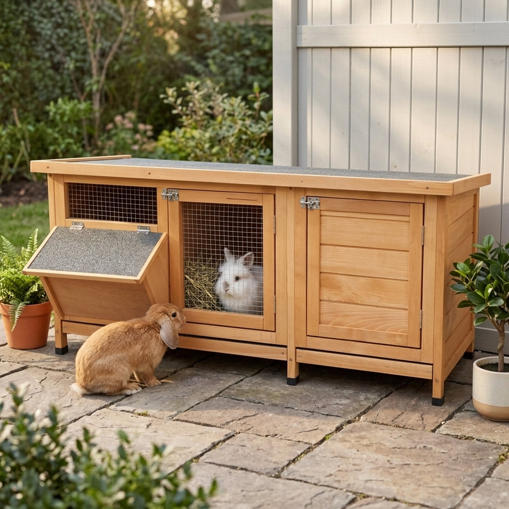 Large Bunny Hutch, Rabbit Cage with 2 Outside Areas and 1 Main House for Small Animals, Yellow