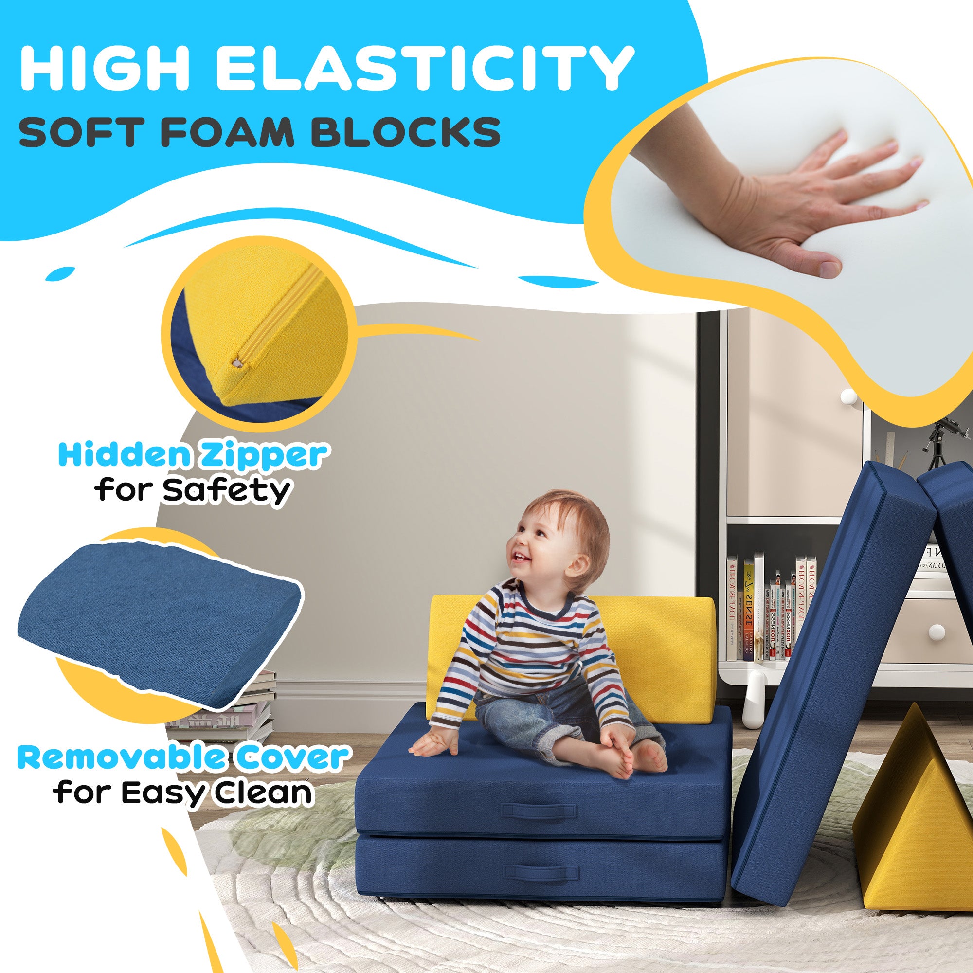 6 Pieces Foam Climbing Blocks for Toddlers with Washable Cover, Climb and Crawl, Blue