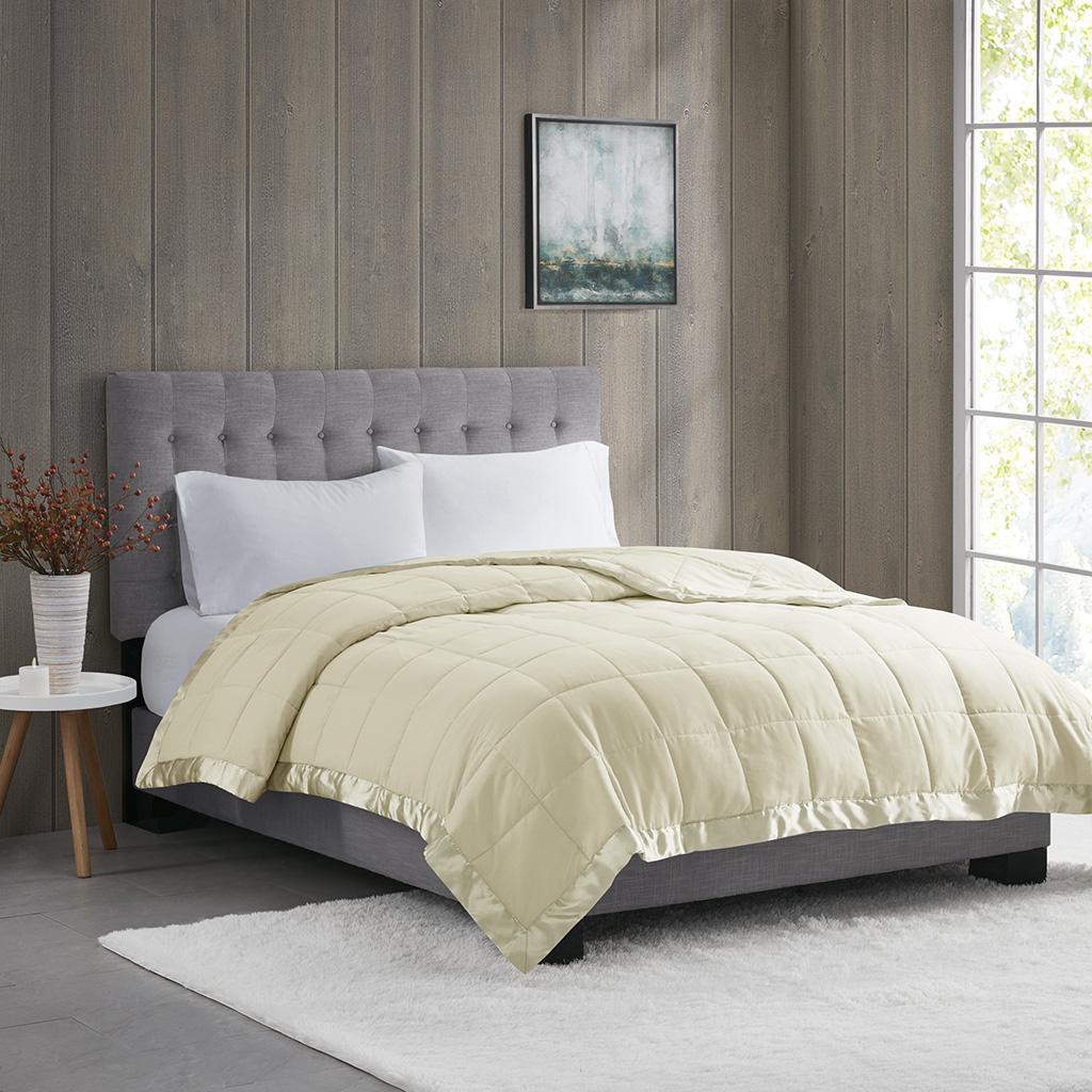 King Size Lightweight Down Alternative Blanket with Satin Trim, 3M Scotchgard Treatment, Machine Washable, 108" L x 90" W x 0.25" H, Cream