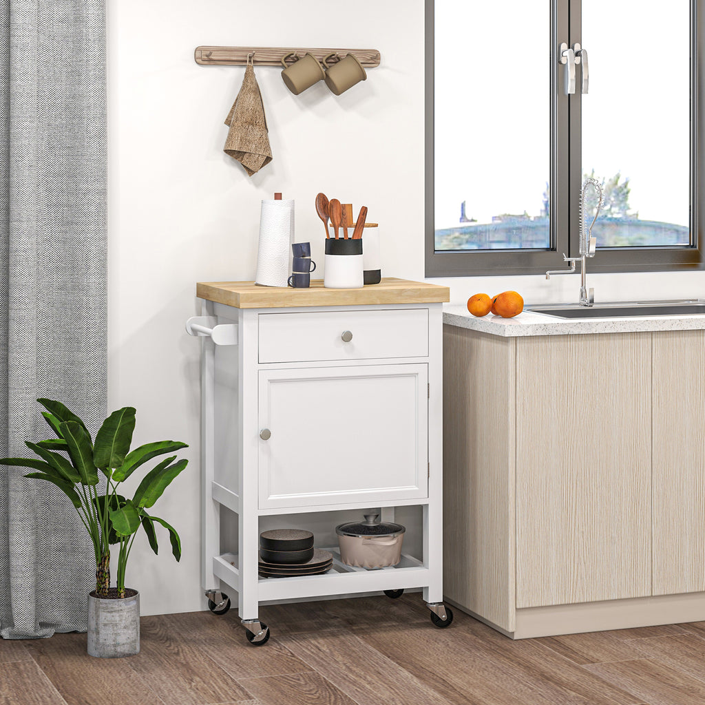 Kitchen Island on Wheels, Rolling Kitchen Cart with Rubberwood Top, Drawer, Wine Rack and Cabinet, White
