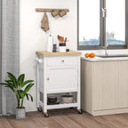 Kitchen Island on Wheels, Rolling Kitchen Cart with Rubberwood Top, Drawer, Wine Rack and Cabinet, White