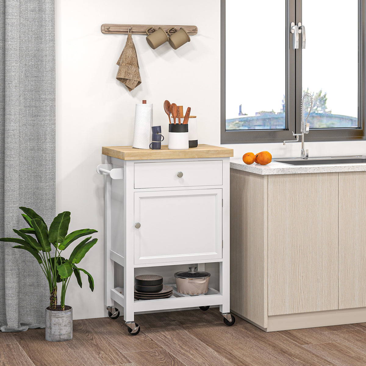Kitchen Island on Wheels, Rolling Kitchen Cart with Rubberwood Top, Drawer, Wine Rack and Cabinet, White