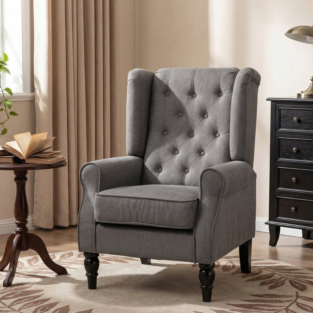 Wingback Accent Chair for Living Room, Button-Tufted Lounge Chair with Round Armrests and Wood Legs, Dark Gray