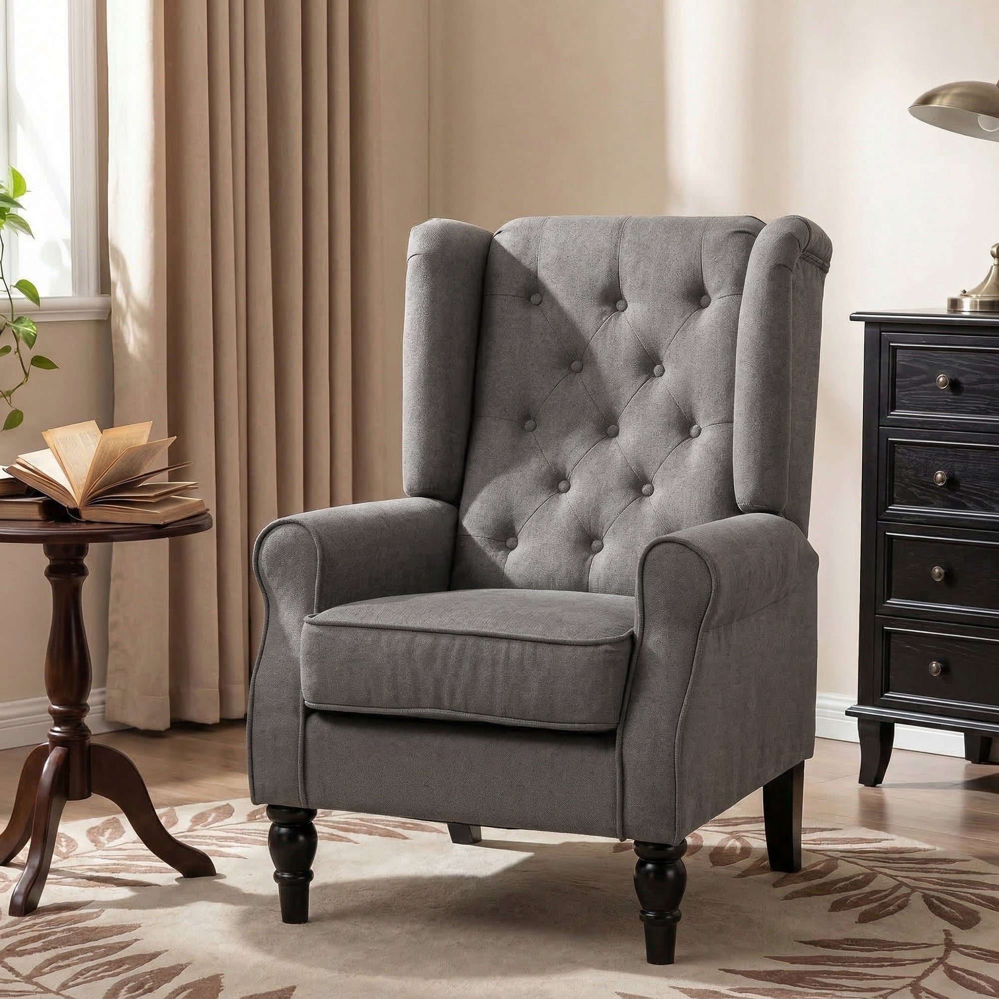 Wingback Accent Chair for Living Room, Button-Tufted Lounge Chair with Round Armrests and Wood Legs, Dark Gray