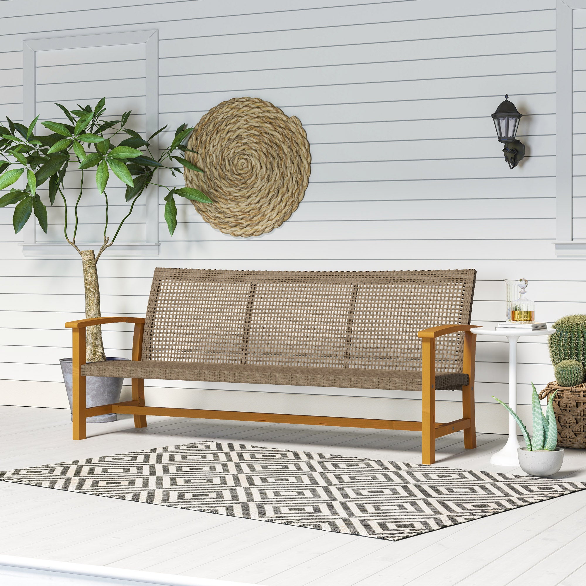 3-Seat Wicker Outdoor Couch Patio Sofa, Acacia Wood Patio Furniture with Steel Seat Armrests, 1000 LBS Capacity, Teak