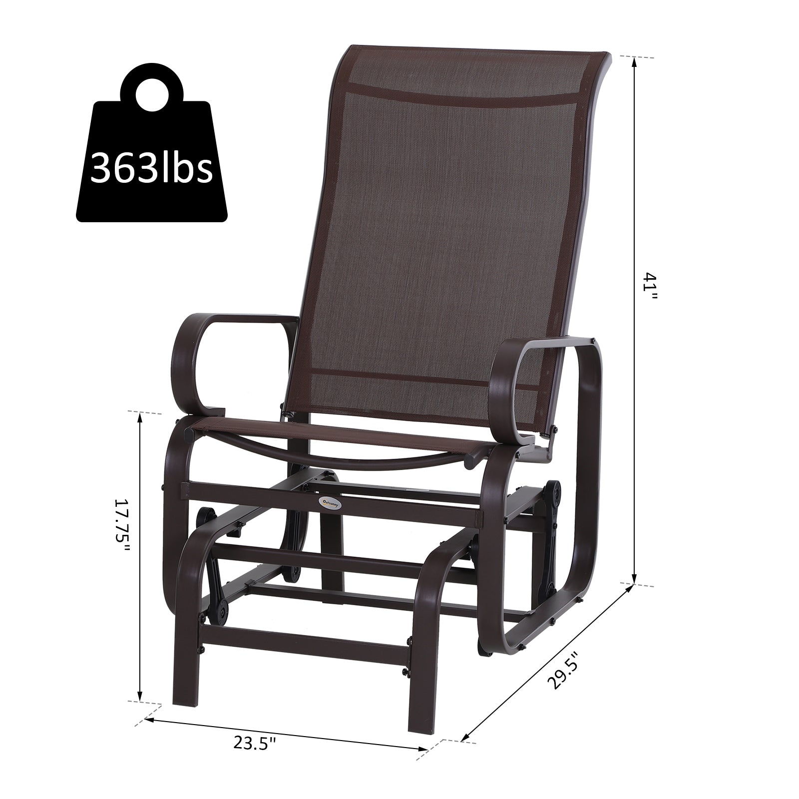 1-Person Outdoor Glider Swing, Single Rocker, Ergonomic Head Support, with Lightweight Metal & Mesh Construction, Supports Up to 352 lbs., for Backyard, Garden, Porch, Brown