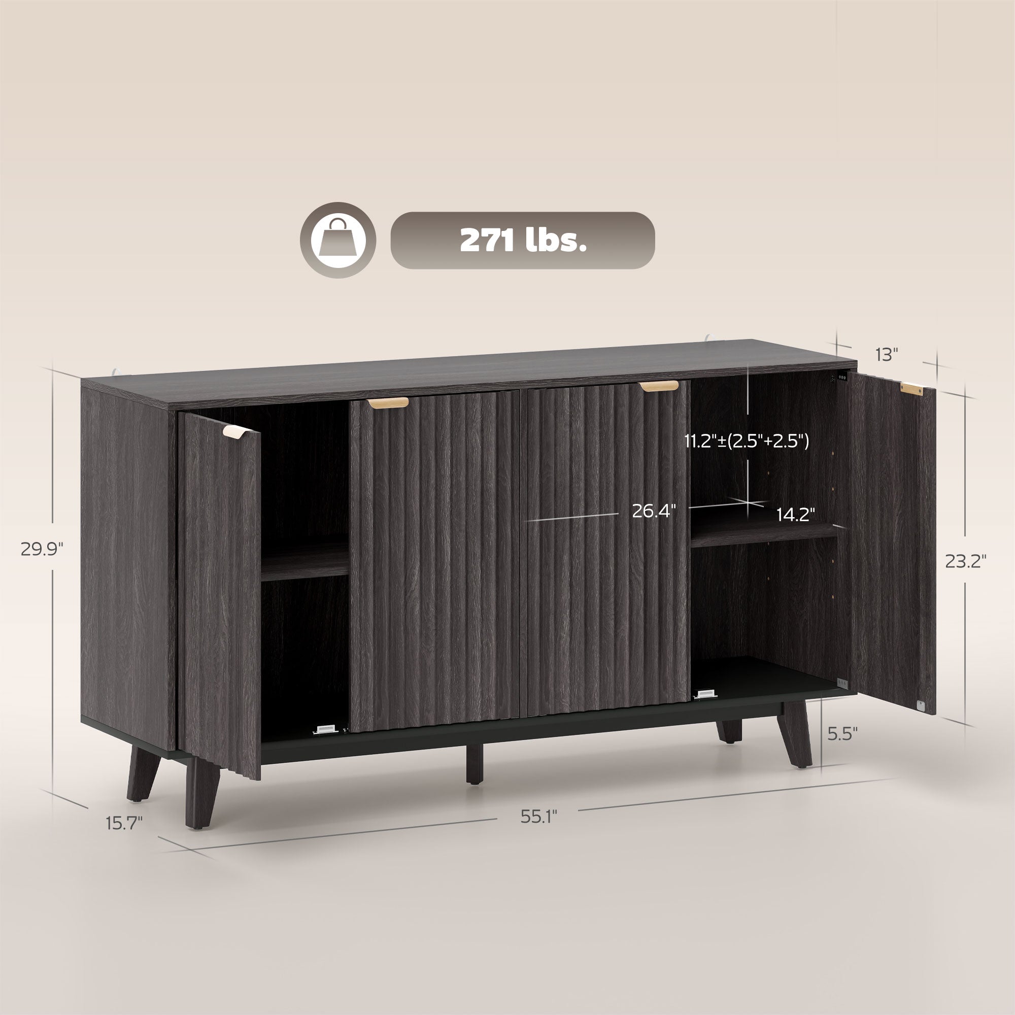 Fluted Sideboard Buffet Cabinet, 55" Coffee Bar Cabinet with 4 Doors, 2 Adjustable Shelves, 5 Wood Legs, Dark Gray