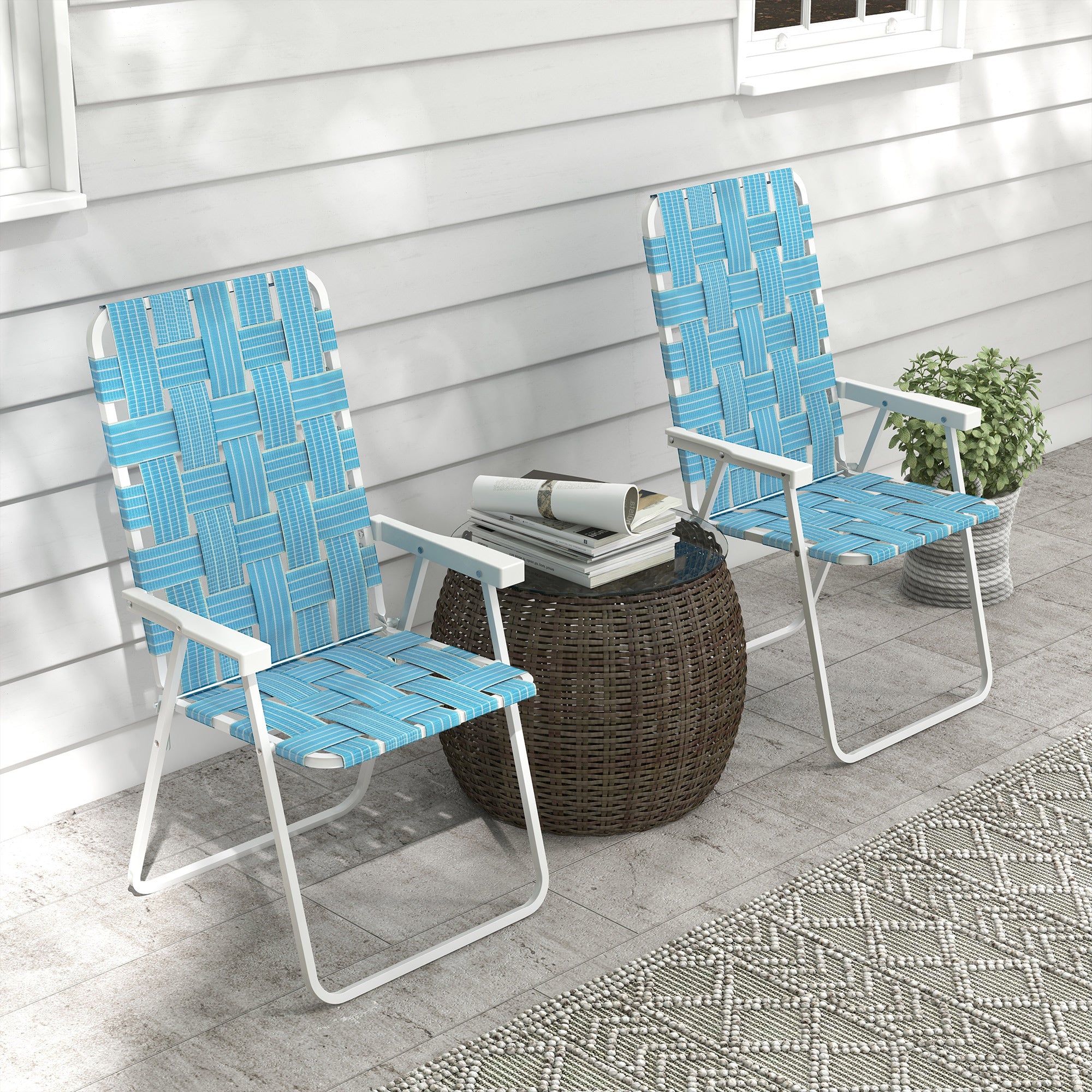 Set of 2 Patio Folding Chairs, Classic Outdoor Camping Chairs, Portable Lawn Chairs w/ Armrests, Blue