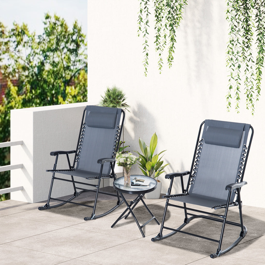 Outdoor Folding Rocking Chair Patio Table Seating Set, 2 Rocking Chairs with Armrests and 1 Side Table with Tempered Glass - Gray