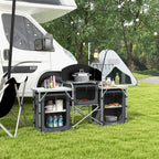 Aluminum Camping Kitchen, Portable Folding Camping Table with Fabric Cupboards, Windshield, Bag for BBQ, Picnic, Black