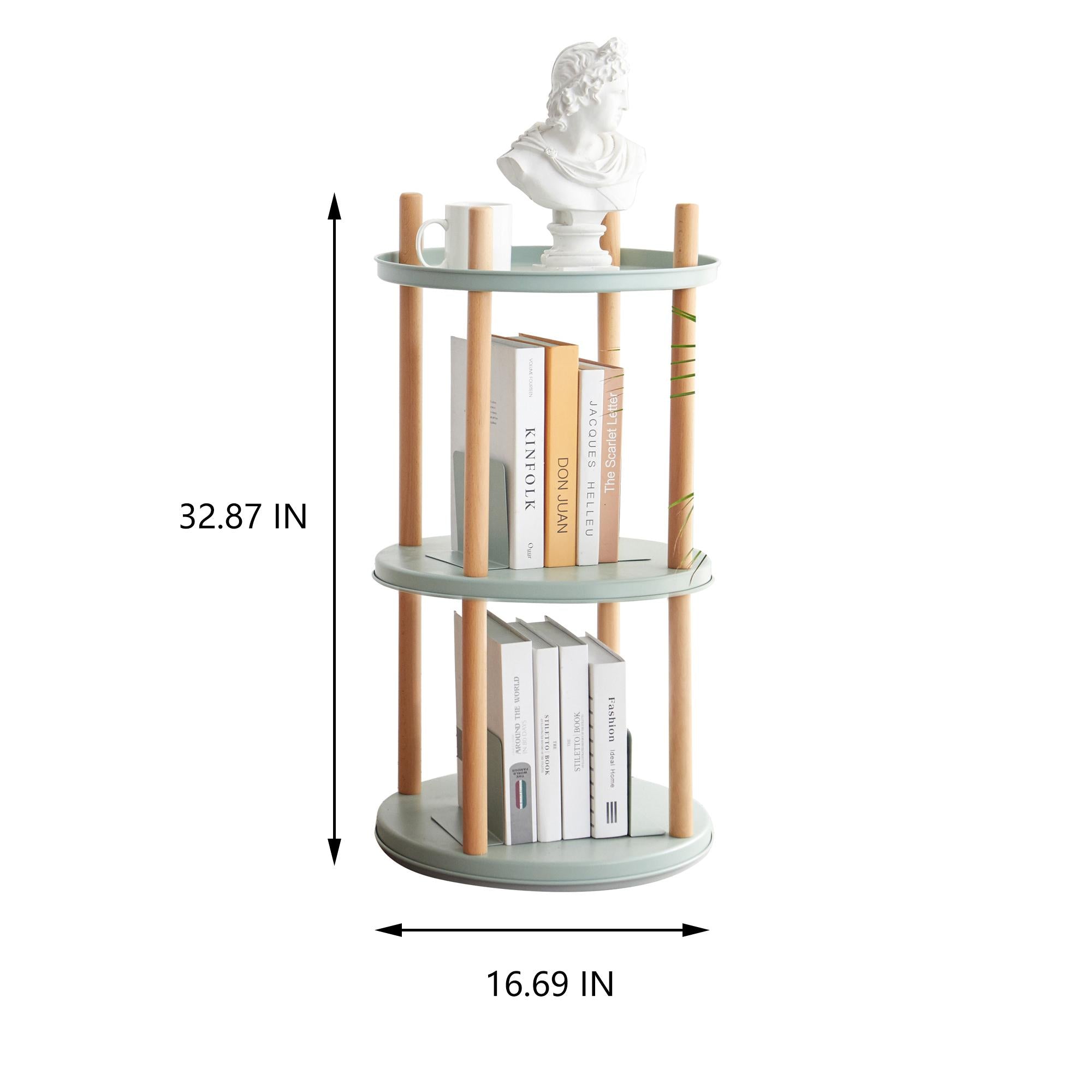 3-Tier Rotating Bookcase with Solid Beech Support Rod, Space-Saving Bookshelf with 6 Bookends, 16.5″ L x 16.5″ W x 33″ H, Blue