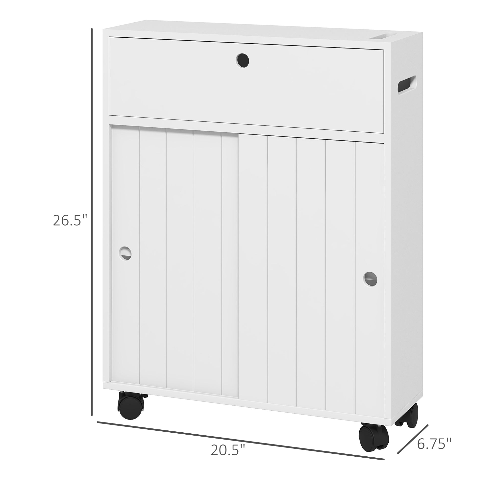 Toilet Paper Cabinet, Slim Bathroom Cabinet with 4 Rolling Wheels, Small Bathroom Storage Cabinet with Paper Holes, Sliding Doors and Adjustable Shelf for Small Space, White