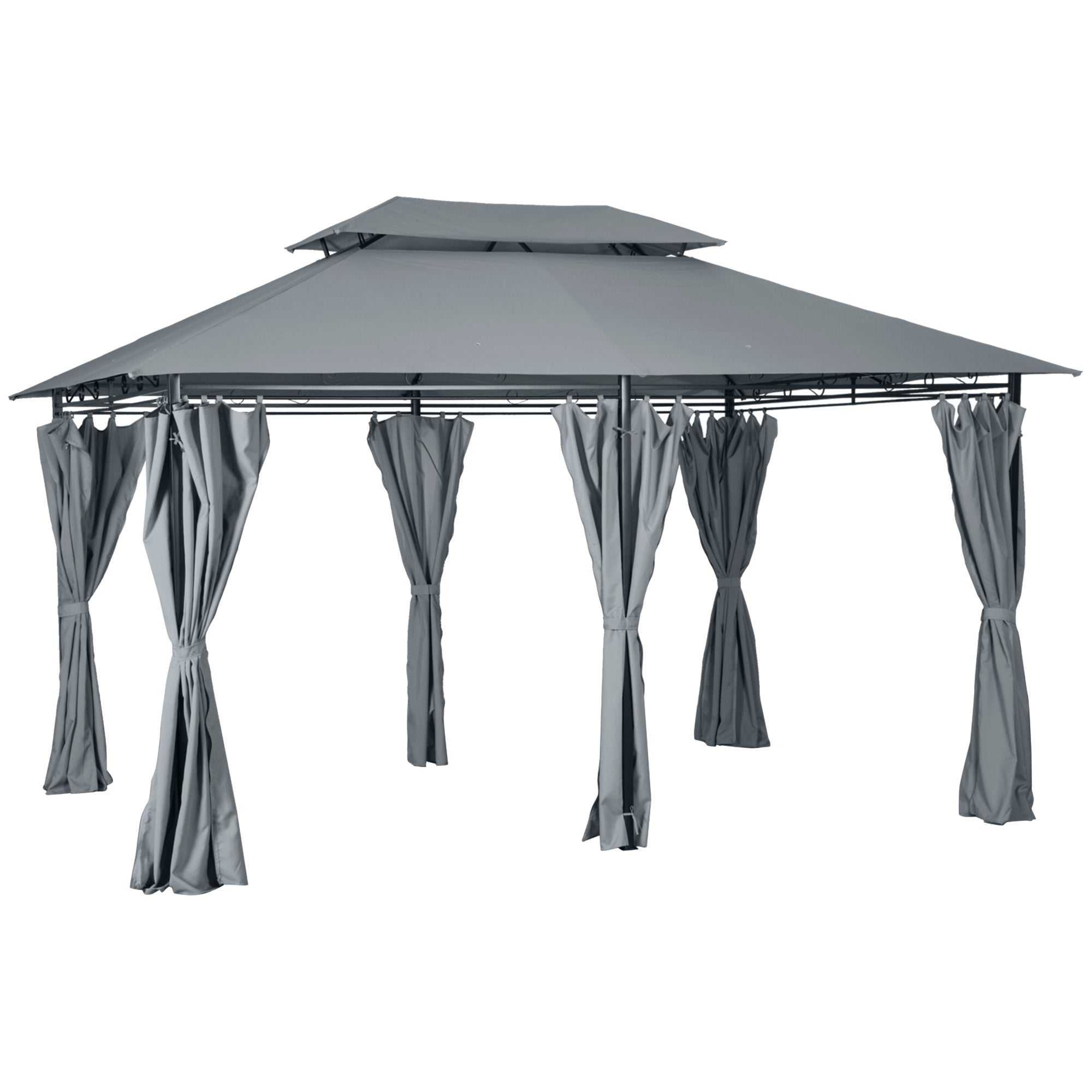 10' x 13' Outdoor Soft Top Gazebo Pergola with Curtains, 2-Tier Steel Frame Gazebo for Patio, Sage Gray
