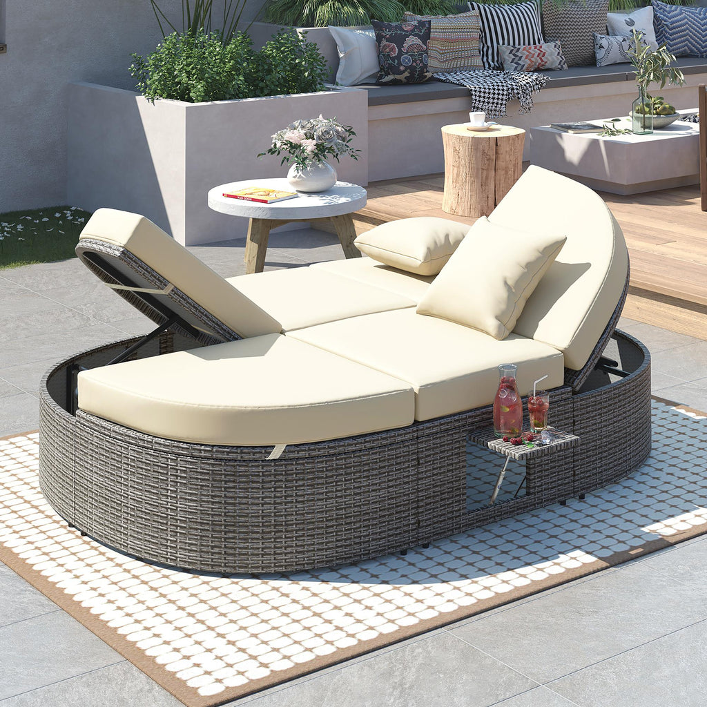 2-Person Patio Daybed with Adjustable Backrest & Cup Tray, Wicker Chaise Lounge with Thick Cushion, 78.5'' L x 55.5'' W x 16.5'' H, Beige