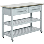 Kitchen Island with Stainless Steel Top, Traditional Kitchen Island with Storage, Butcher Block Cart 2-Tier Open Shelves, Drawers, Light Gray