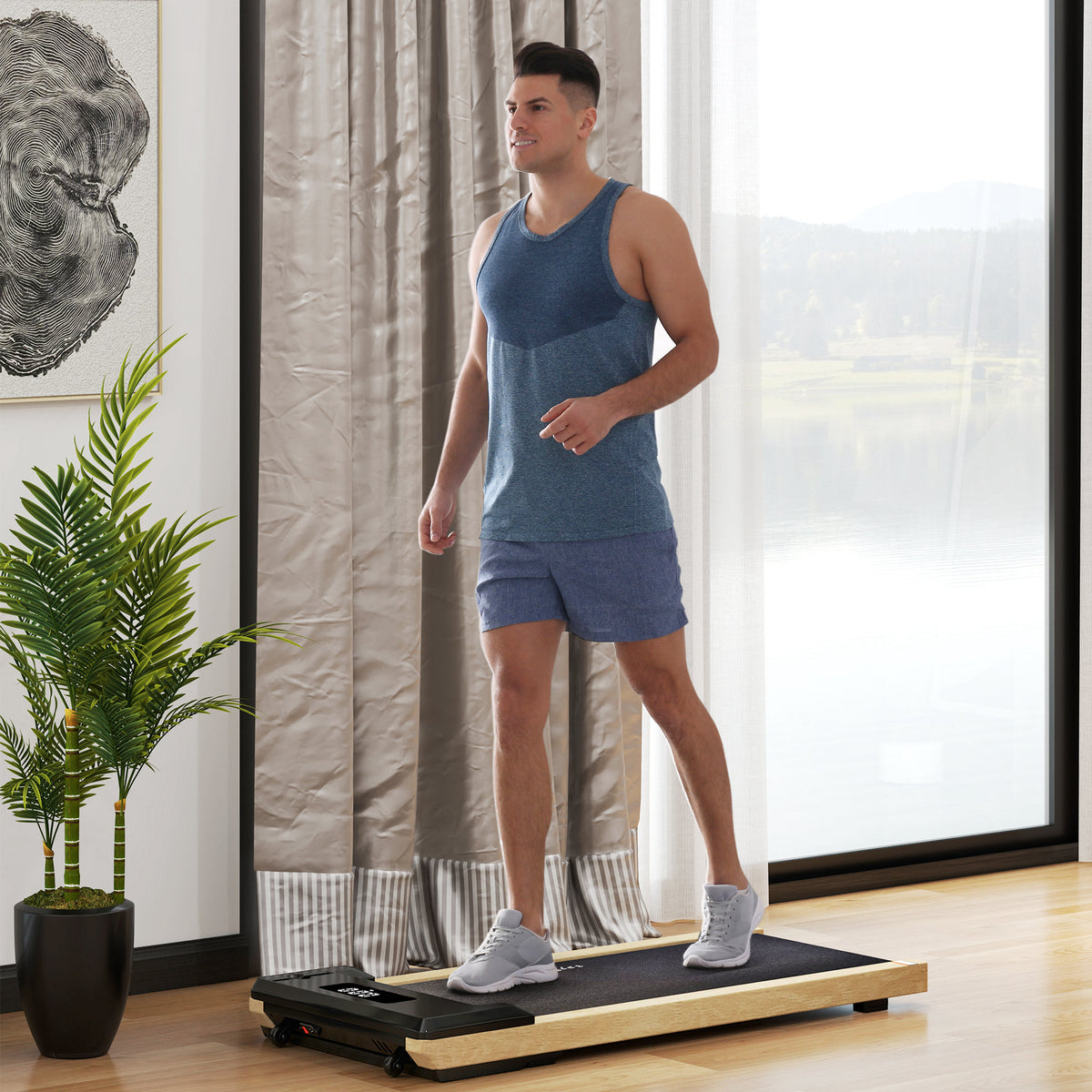 2.5HP Walking Pad, Wood Under Desk Treadmill with Remote Control, Transport Wheels and LED Display for Home Gym Office