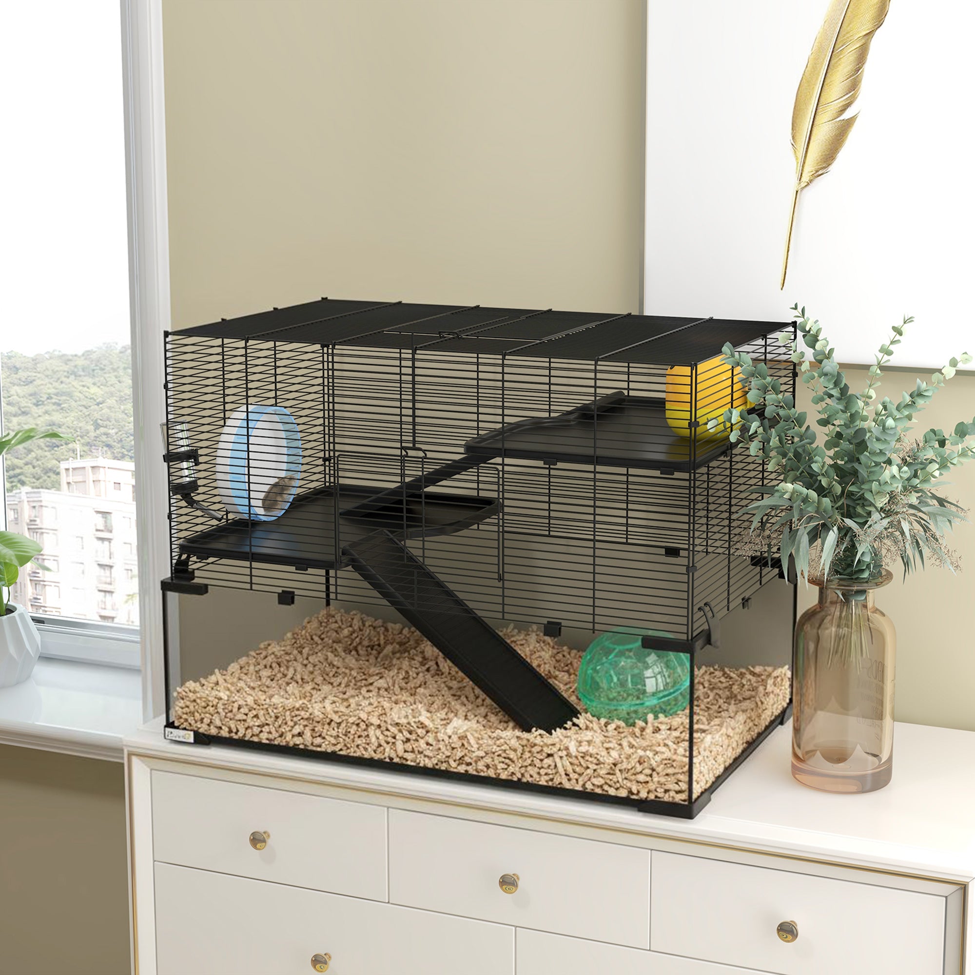 30" Hamster Cage, Gerbil Cage with Glass Basin for Small Hamsters, Black