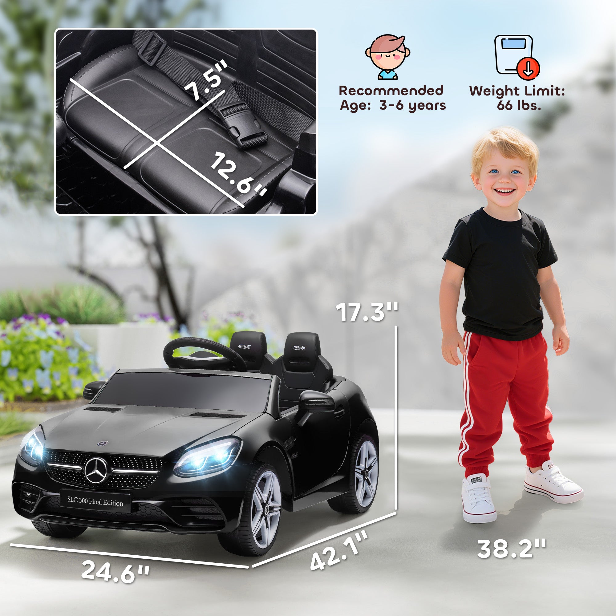 SLC 300 Licensed 12V Ride On Car for Kids with Remote Control, 2 Speeds, Battery Powered Kids Electric Car with Music, Lights, Suspension for 3-6 Years Old, Black