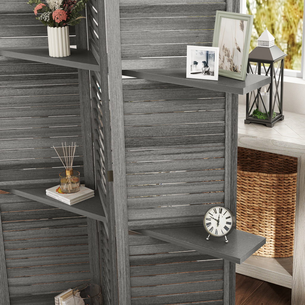 4 Panel 67" Tall Wood Privacy Screen Room Divider with 3 Shelves and Folding Storage for Bedroom, Gray