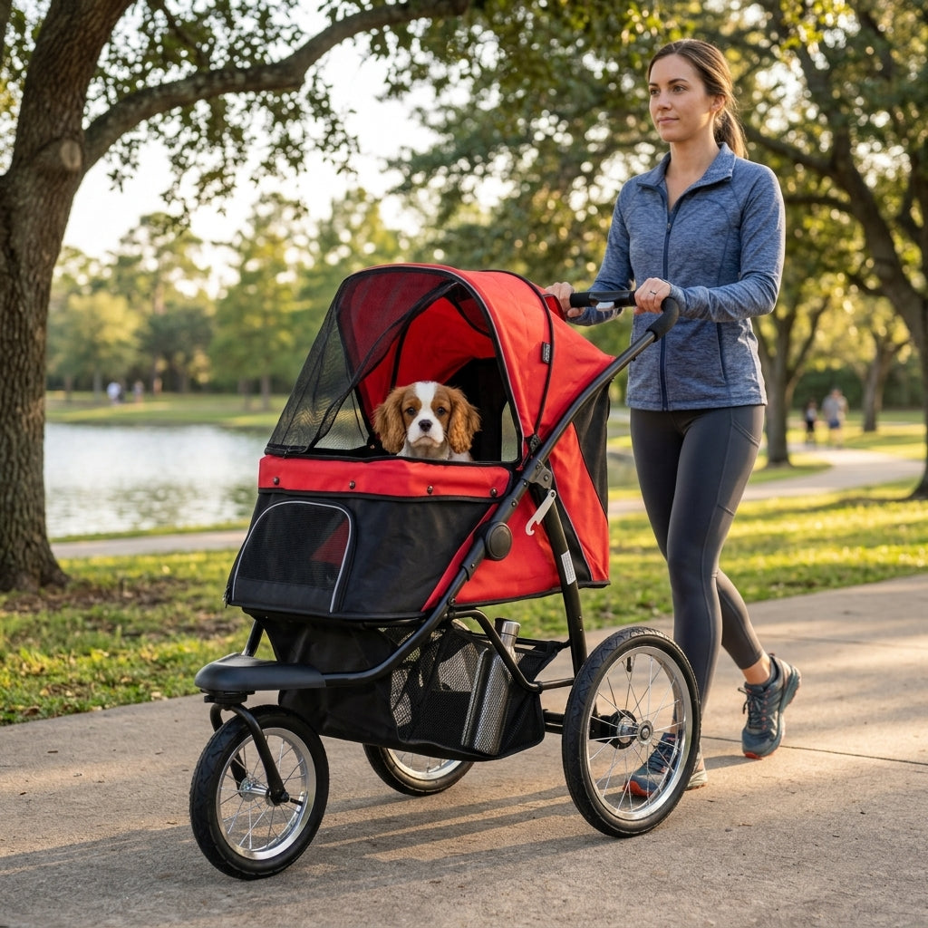 3 Wheels Pet Stroller for Small Dogs and Medium Dogs with Adjustable Canopy, Safety Tether, Storage Basket, Red