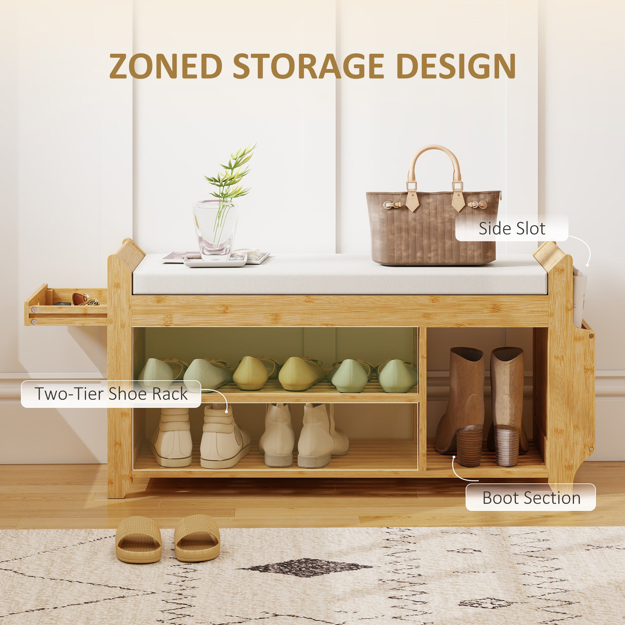 Shoe Bench with Cushioned Seat Shoe Storage Bench with Side Umbrella Holder for Entryway Natural and Cream