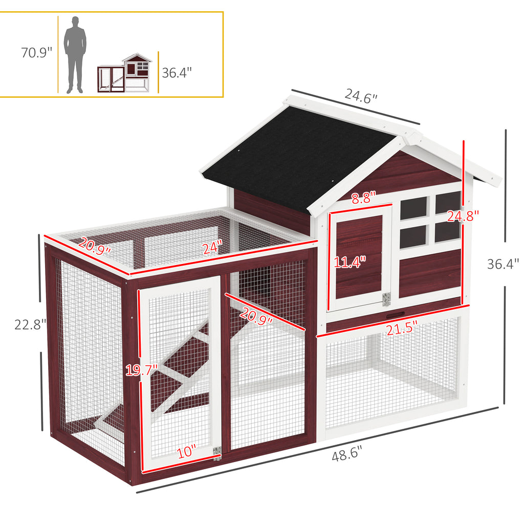 49" Wooden Rabbit Hutch Bunny Cage with Waterproof Asphalt Roof, Fun Outdoor Run, Removable Tray and Ramp, for Rabbits, Chickens, Ducks, Brown