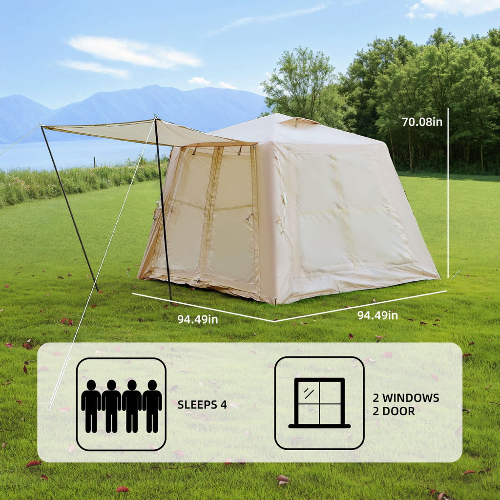 Inflatable Camping Tent with Easy-Setup Blow-Up Design, Waterproof Family Tent with Roll-Up Roof, 94.5″ L x 94.5″ W x 70″ H, Beige