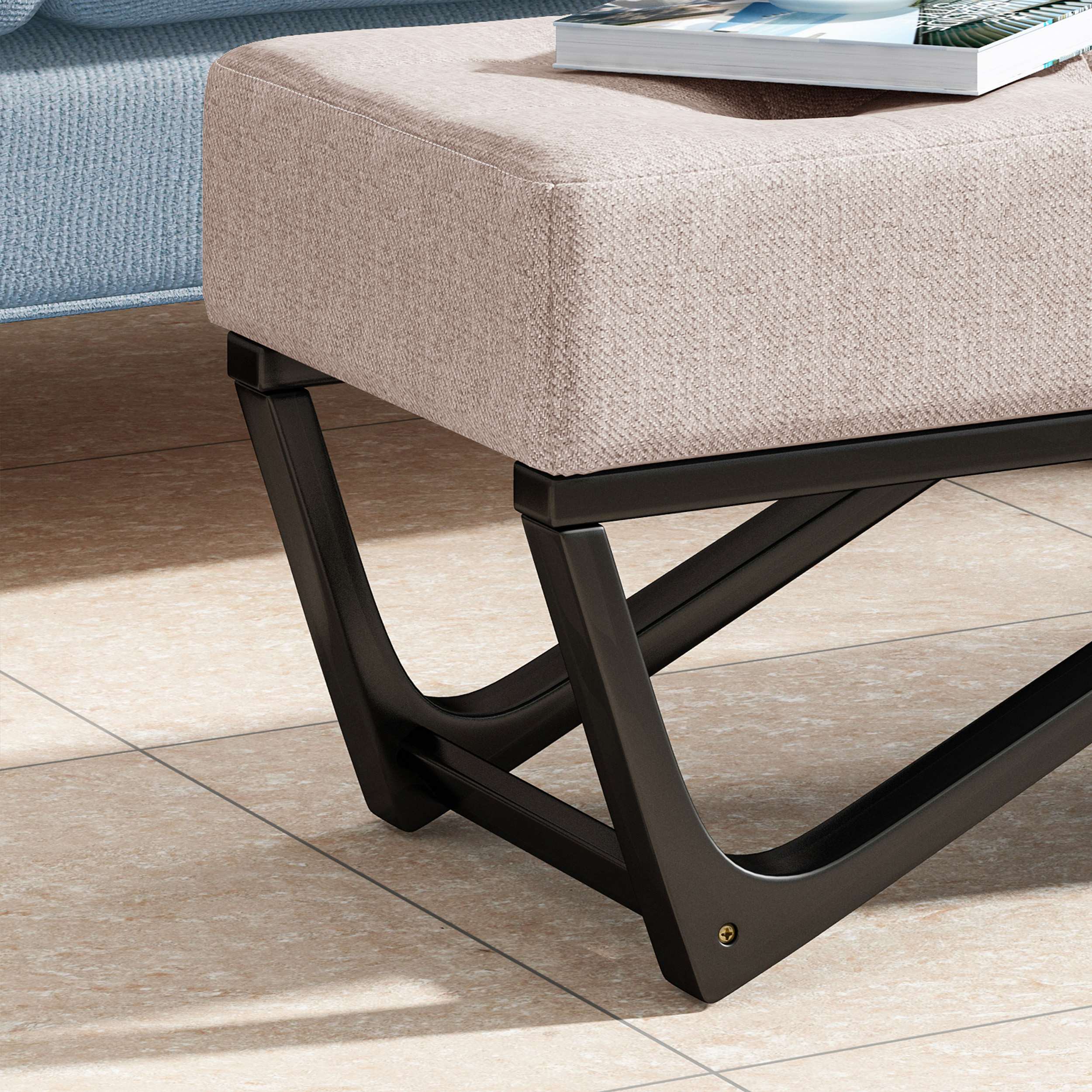 Ottoman with Cushioned Top, Sturdy Frame, and Space-Saving Design, 47.25" L x 17.5" W x 16.5" H, Beige