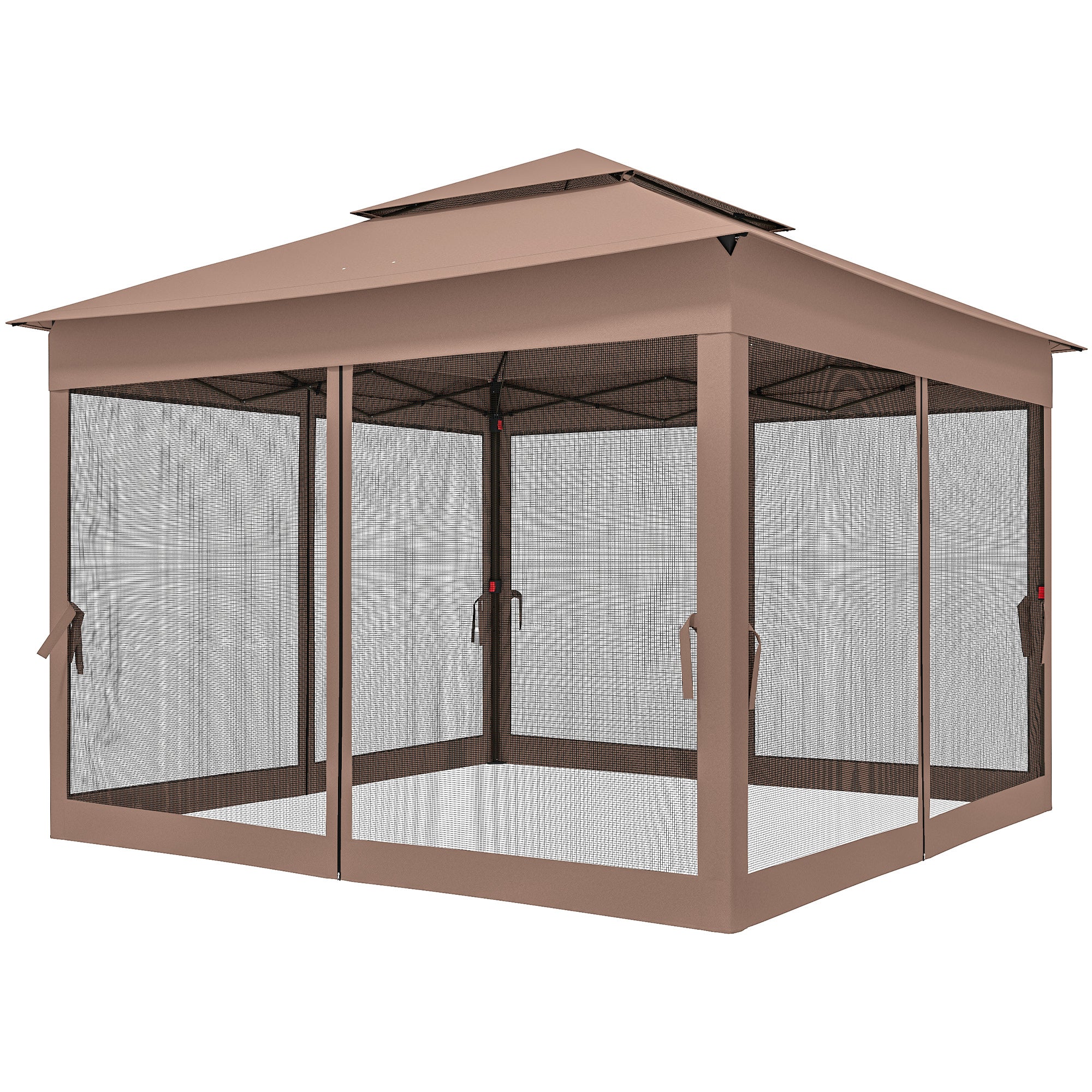 Outdoor Patio Pop Up Canopy Gazebo Shelter with Zipper Netting, Carry Bag, 11' x 11', Brown