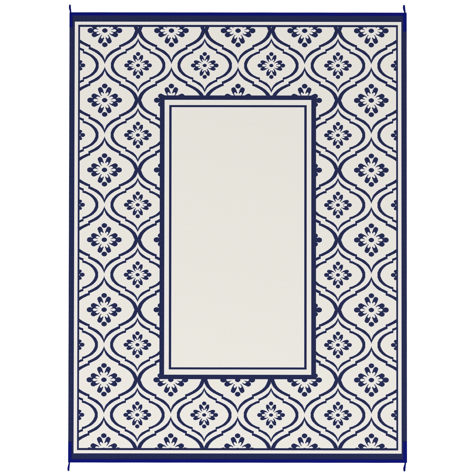 Reversible Outdoor Rug, Waterproof Plastic Straw with Carry Bag, 9' x 12', Blue & White Gourd Border