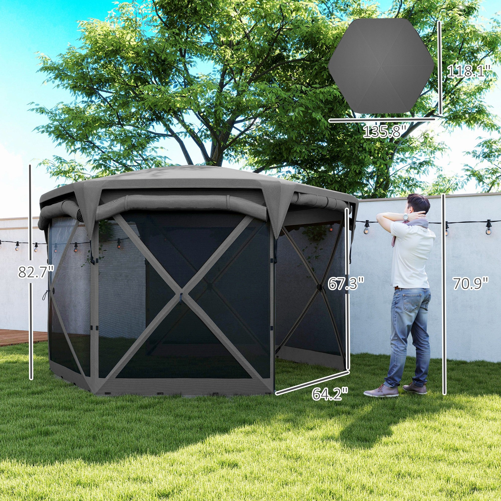 11 x 11ft Pop Up Gazebo Screen Tent with Removable Roof Cover, Roll-up Wind Panels for Camping, Backyard, Dark Gray