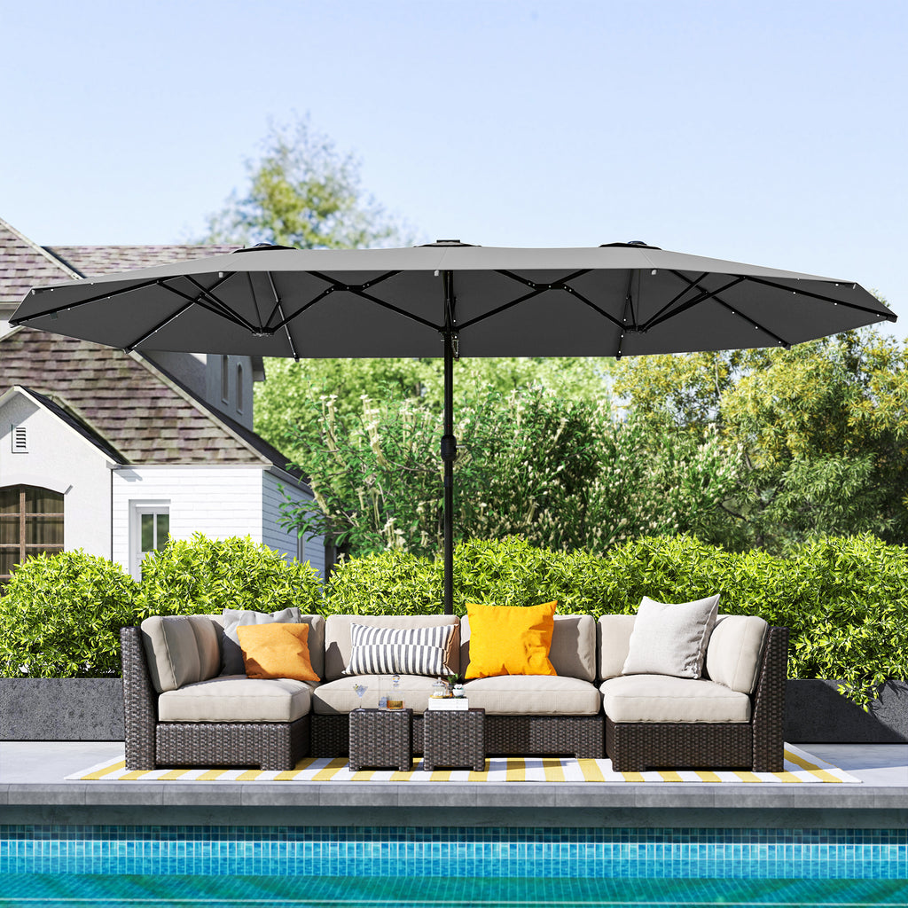 Garden Parasol 14.4ft Double-Sided Sun Umbrella with Base, Patio Parasol with LED Solar Lights, Gray